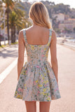 Grey Square Neck A-Line Floral Corset Jacquard Cocktail Dress