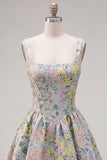 Grey Square Neck A-Line Floral Corset Jacquard Cocktail Dress