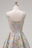 Grey Square Neck A-Line Floral Corset Jacquard Cocktail Dress