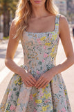 Grey Square Neck A-Line Floral Corset Jacquard Cocktail Dress