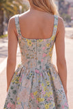 Grey Square Neck A-Line Floral Corset Jacquard Cocktail Dress