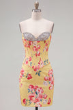 Sweetheart Yellow Corset Beaded Floral Tight Cocktail Dress