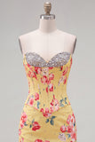 Sweetheart Yellow Corset Beaded Floral Tight Cocktail Dress