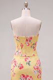 Sweetheart Yellow Corset Beaded Floral Tight Cocktail Dress