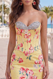 Sweetheart Yellow Corset Beaded Floral Tight Cocktail Dress