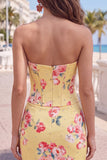 Sweetheart Yellow Corset Beaded Floral Tight Cocktail Dress