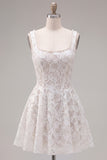 A-Line White Square Neck Pearl Short Cocktail Dress with Lace