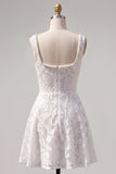 A-Line White Square Neck Pearl Short Cocktail Dress with Lace