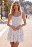 A-Line White Square Neck Pearl Short Cocktail Dress with Lace