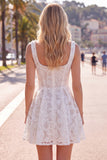 A-Line White Square Neck Pearl Short Cocktail Dress with Lace