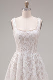 A-Line White Square Neck Pearl Short Cocktail Dress with Lace