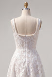 A-Line White Square Neck Pearl Short Cocktail Dress with Lace