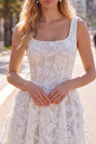A-Line White Square Neck Pearl Short Cocktail Dress with Lace