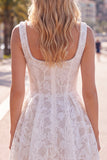 A-Line White Square Neck Pearl Short Cocktail Dress with Lace