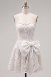 Strapless White A-Line Floral Pearl Lace Short Cocktail Dress with Bow