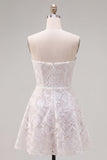 Strapless White A-Line Floral Pearl Lace Short Cocktail Dress with Bow