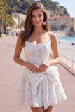 Strapless White A-Line Floral Pearl Lace Short Cocktail Dress with Bow