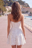 Strapless White A-Line Floral Pearl Lace Short Cocktail Dress with Bow