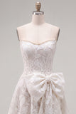 Strapless White A-Line Floral Pearl Lace Short Cocktail Dress with Bow