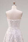 Strapless White A-Line Floral Pearl Lace Short Cocktail Dress with Bow