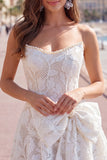 Strapless White A-Line Floral Pearl Lace Short Cocktail Dress with Bow