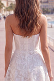 Strapless White A-Line Floral Pearl Lace Short Cocktail Dress with Bow