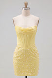 Strapless Yellow Corset Pearl Bodycon Cocktail Dress