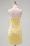 Strapless Yellow Corset Pearl Bodycon Cocktail Dress