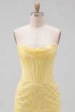 Strapless Yellow Corset Pearl Bodycon Cocktail Dress