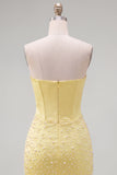 Strapless Yellow Corset Pearl Bodycon Cocktail Dress