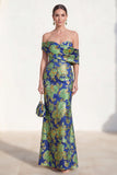 Off the Shoulder Mermaid Navy Green Floral Long Mother Of the Bride Dress