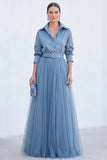 Sage Green A-Line Tulle Long Mother Of the Bride Dress with 3/4 Sleeves