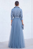 Sage Green A-Line Tulle Long Mother Of the Bride Dress with 3/4 Sleeves