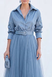 Sage Green A-Line Tulle Long Mother Of the Bride Dress with 3/4 Sleeves
