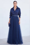 Sage Green A-Line Tulle Long Mother Of the Bride Dress with 3/4 Sleeves