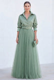 Sage Green A-Line Tulle Long Mother Of the Bride Dress with 3/4 Sleeves