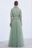 Sage Green A-Line Tulle Long Mother Of the Bride Dress with 3/4 Sleeves