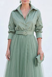 Sage Green A-Line Tulle Long Mother Of the Bride Dress with 3/4 Sleeves