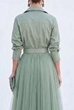 Sage Green A-Line Tulle Long Mother Of the Bride Dress with 3/4 Sleeves
