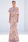 Pink One Shoulder Mermaid Long Floral Mother Of the Bride Dress