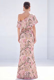 Pink One Shoulder Mermaid Long Floral Mother Of the Bride Dress