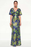 Mermaid Shory Sleeves Jacquard Pink Blue Floral Long Mother Of the Bride Dress
