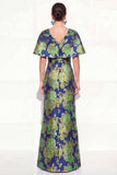Mermaid Shory Sleeves Jacquard Pink Blue Floral Long Mother Of the Bride Dress
