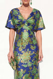 Mermaid Shory Sleeves Jacquard Pink Blue Floral Long Mother Of the Bride Dress
