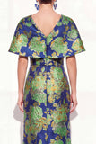 Mermaid Shory Sleeves Jacquard Pink Blue Floral Long Mother Of the Bride Dress