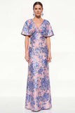 Mermaid Shory Sleeves Jacquard Pink Blue Floral Long Mother Of the Bride Dress