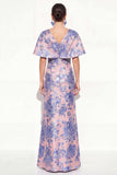 Mermaid Shory Sleeves Jacquard Pink Blue Floral Long Mother Of the Bride Dress