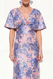 Mermaid Shory Sleeves Jacquard Pink Blue Floral Long Mother Of the Bride Dress