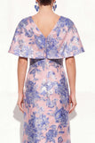 Mermaid Shory Sleeves Jacquard Pink Blue Floral Long Mother Of the Bride Dress