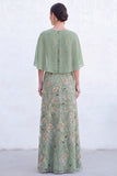 Navy A-Line Beaded Round Neck Long Mother Of the Bride Dress with Cape